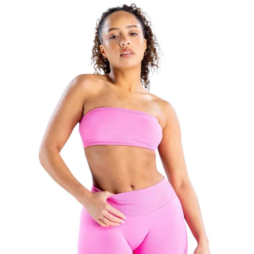 (With Logo) DFYNE High Waist Tummy Control Yoga Set  Seamless Strapless Bandeau Bra – Logo Gym Training Outfit