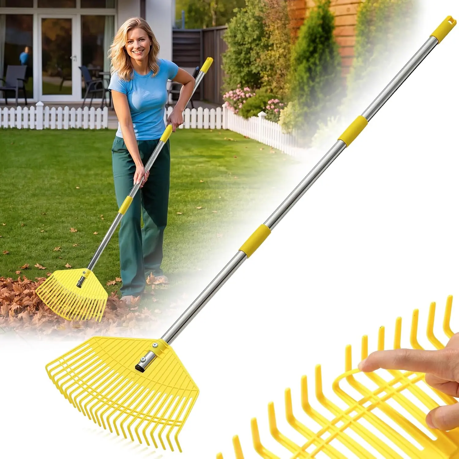 Leaf Rake - 16.5" Wide Nylon Plastic ,65" Adjustable Handle,Heavy Duty for Leaves,Grass,Pine ,Mulch, Small Debris,Lawn-Friendly Tines,Lightweight for Women,Seniors &