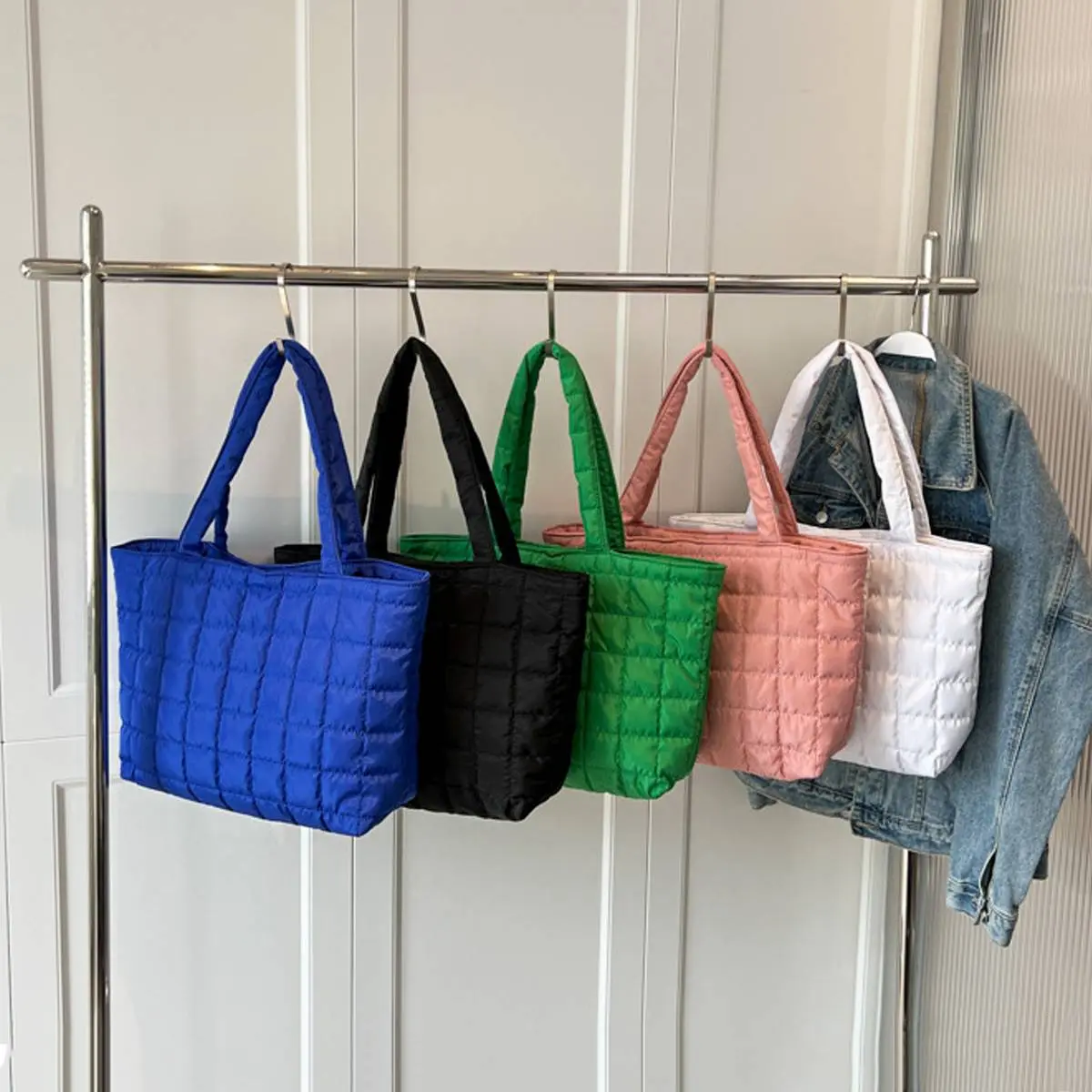 Women's Casual Puffy Quilted Check Stitch Cloth Tote Bag, Large Capacity, Double Handle Top-Handle Solid Color Handbag, Hand Wash Only for Daily Use & Travel, Polyester, Bags For Women, Magnetic, Strong, Bags With Handles, Shopper Handbag
