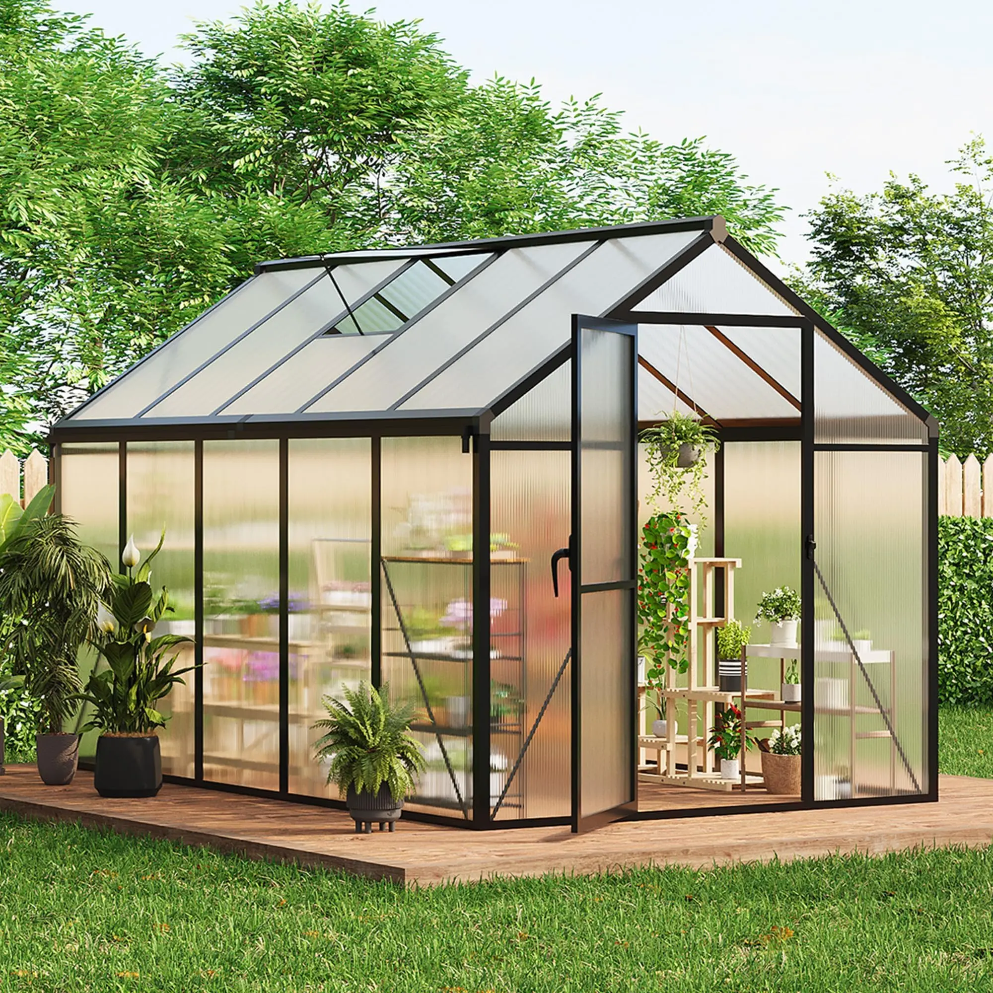 Garvee 6X10 FT Greenhouse for Outdoors, Polycarbonate Greenhouse with Roof Vent, Ground Nails, Lockable Push Door, Aluminum Large Walk-in Green House for Outside Garden Backyard, Patio, Lawn, Black