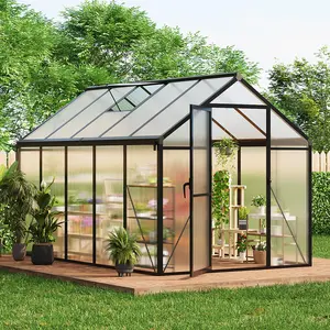 Garvee 6X10 FT Greenhouse for Outdoors, Polycarbonate Greenhouse with Roof Vent, Ground Nails, Lockable Push Door, Aluminum Large Walk-in Green House for Outside Garden Backyard, Patio, Lawn, Black