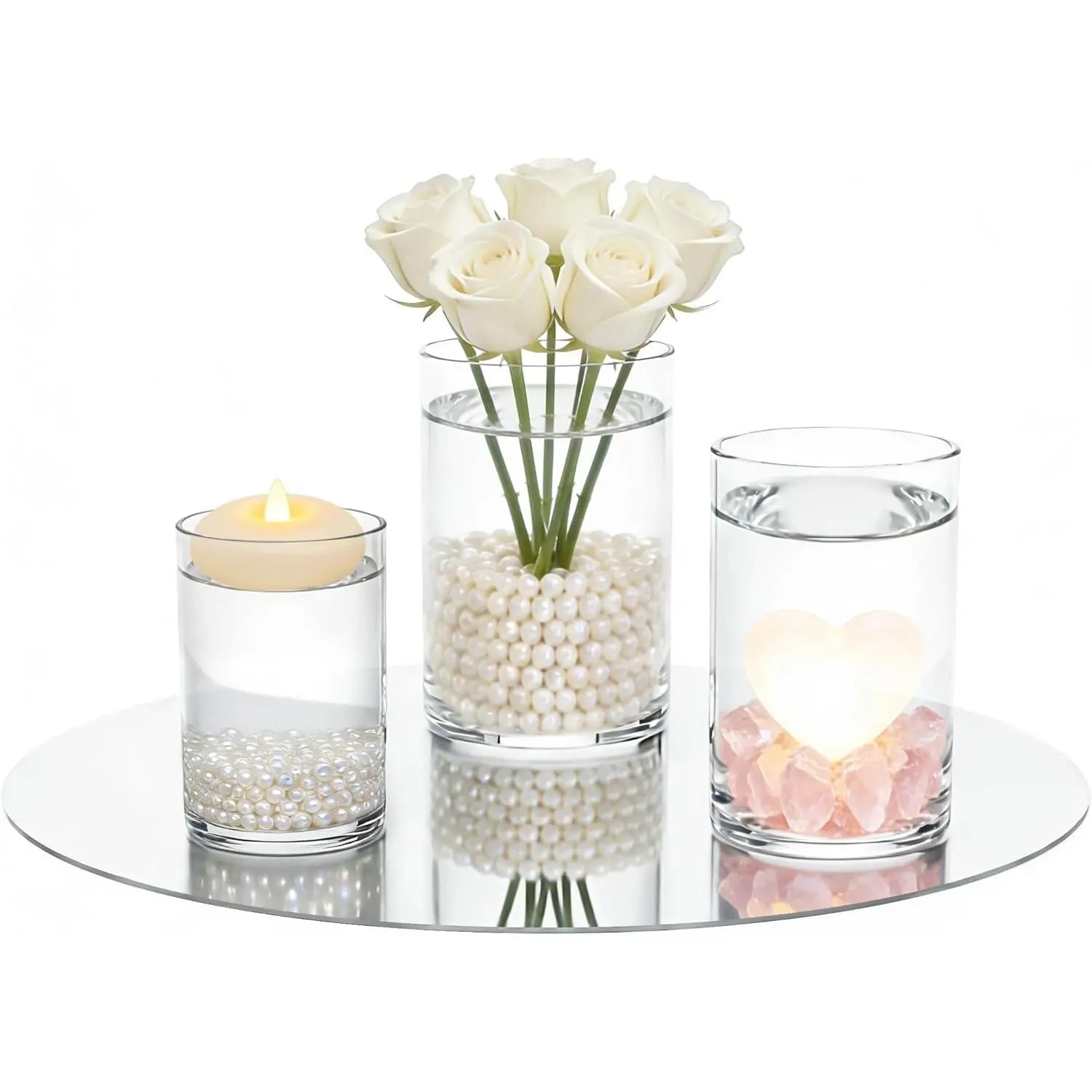 8 PCS Centerpieces Decoration for Wedding Table, 3MM Thick Acrylic Round Mirror Tray, 2 PCS Silver Circle Plate for Party Event, 6 PCS Clear Acrylic Cylinder Vase Candle Holder for Home Decor DIY