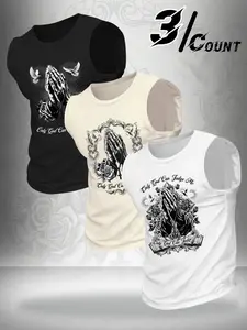 Men's 3 Pack Sleeveless Tank Tops, Praying Hands Only God Can Judge Me Print, Faith Streetwear Workout Vests for Men