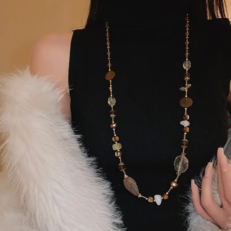 Women's long sweater necklace featuring vintage tiger's eye beads and luxurious natural gemstones; an exquisite crystal long necklace perfect for layering during autumn and winter (ideal for gifting).