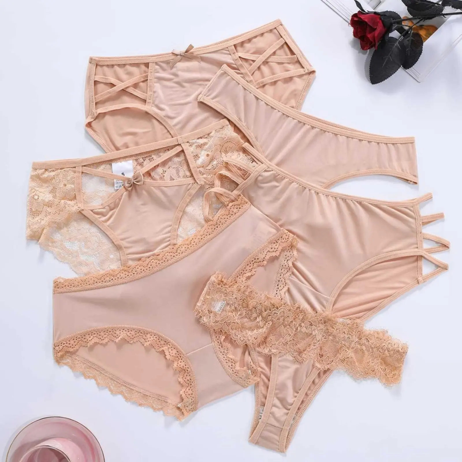 Lady's 6pc Lingerie Underwear Set, Nude Multi-Style Beige Lace-Trim Strappy Comfort Mid-Rise Panties (Sports & Outdoor Compatible), Mid Rise Cut