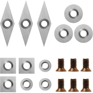 18 Pieces Tungsten Carbide Cutters Inserts Set for Wood Lathe Turning Tools Include 11 mm Square with Radius, 12 mm and 8.9 mm Round, 30 x 10 mm Diamond with Pointed Point,6 Pieces screws