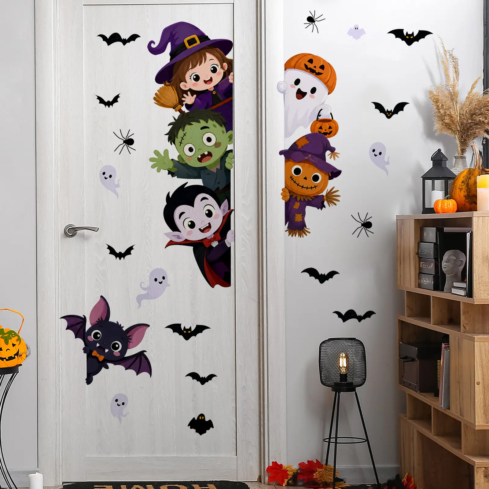 2Pcs Set (3090cm2pcs) Funny Peeking Door Frame Halloween Self-Adhesive Wall Decals, Witch Vampire Pumpkin Ghost Bat Stickers for Home Holiday Atmosphere Decor