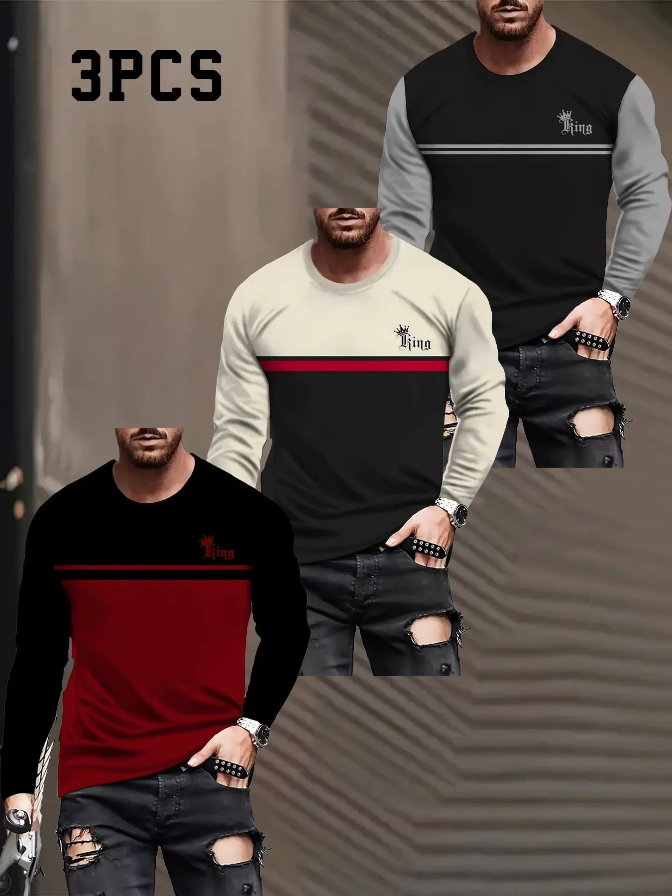 Men's 3-Pack Colorblock Long Sleeve T-Shirt, Polyester Quick-Dry Breathable, Gym Training Running Top, Streetwear King Print Loose Fit