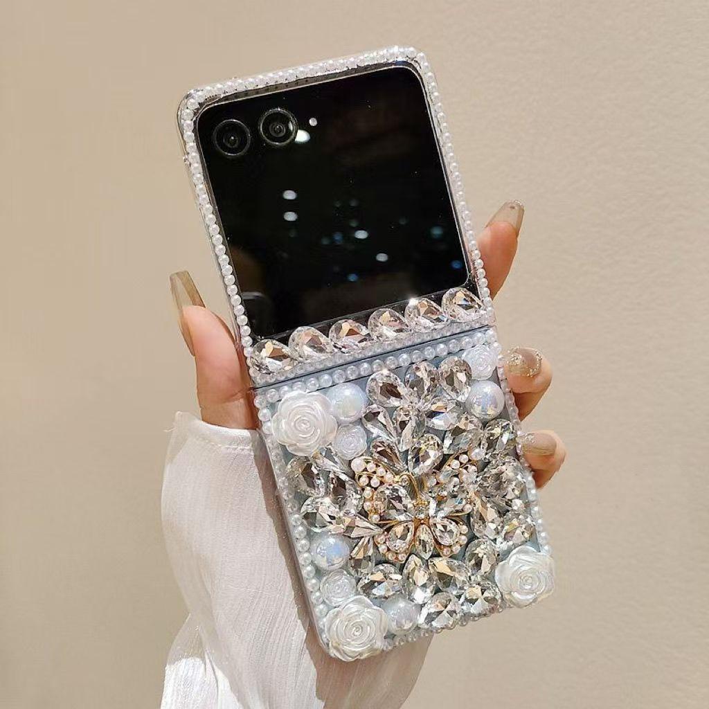 Luxury Crystal Pearl Elegant Butterfly Diamond Gems Strap Phone Case Cover For Samsung Galaxy Z FLIP 7 3 4 5 6 F7220 Flip6