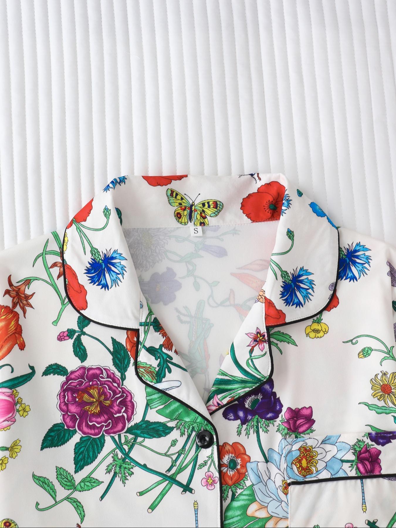 Women's All Over Floral Print Button Front Pocket Shirt & Elastic Waist Pants Pyjama Set, Casual Comfy Two-piece Pj Set, Matching Pj Set, Ladies Sleepwear for All Seasons Pajama Set