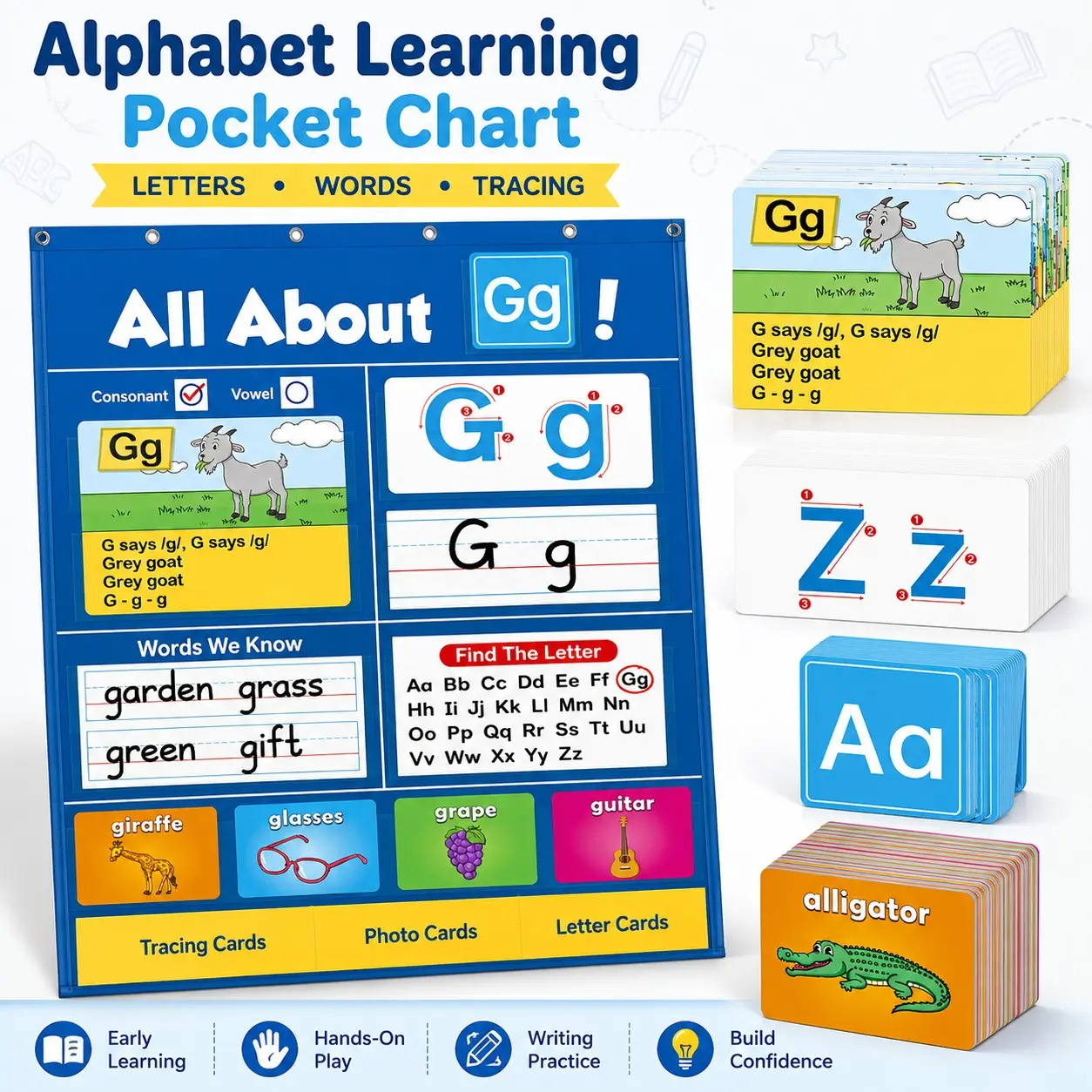 1 Set Alphabet Learning Pocket Chart, ABC Wall Chart with Flash Cards, Handwriting Practice and Letter Tracing Learning Activity for Kids, Preschool, Kindergarten and Homeschool, Classroom Supplies Charts