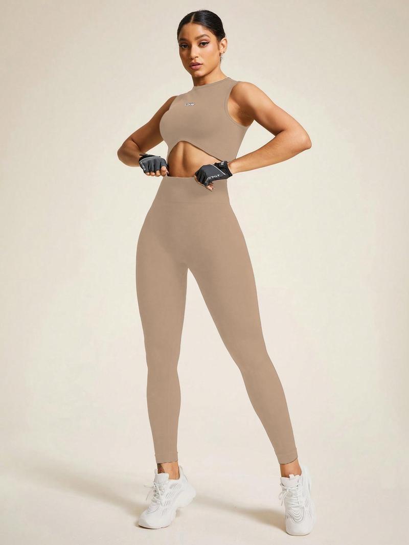 Two-piece Set Women's Letter Pattern Crop Tank Top & High Waist Leggings Tracksuit Set, Athleisure Wear Set, Casual Comfy Breathable Seamless for Yoga Gym Workout Running, Ladies Sportswear for All Seasons