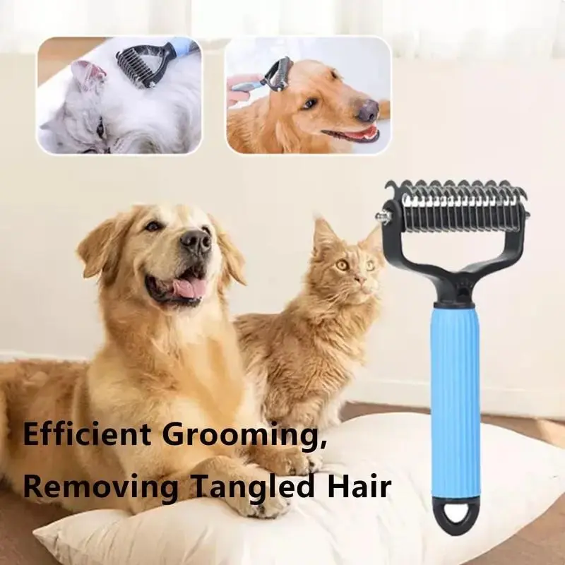 Pet Detangling Comb, Double-Sided Grooming Brush for Dogs & Cats, One-Click Clean Undercoat Rake for Shedding Mats, Deshedding Tool
