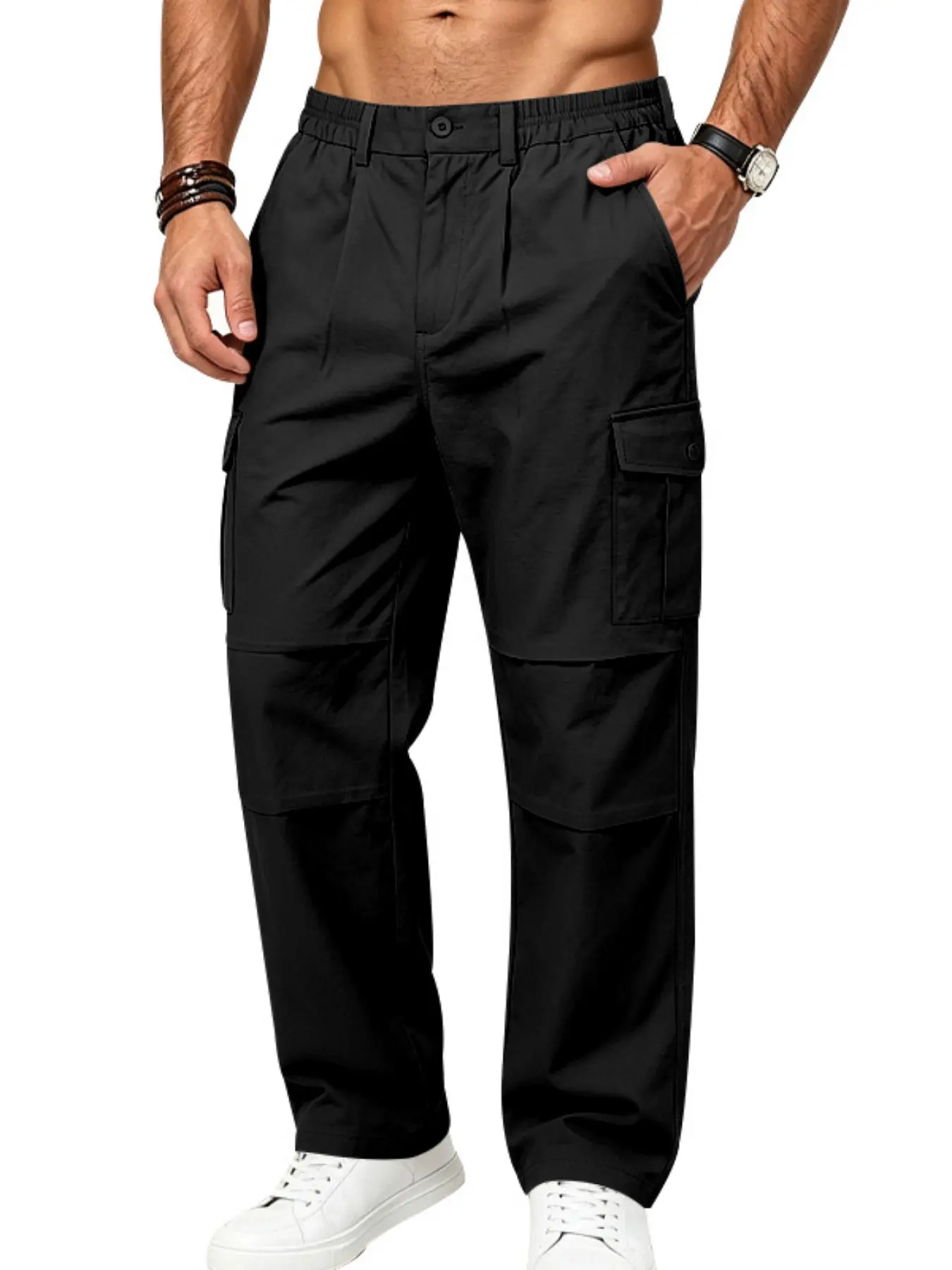 Men's Outdoor Work Pants, Multi-Pocket Paratrooper Style, Motorcycle Logging Pants, Loose Straight Leg, Casual Long Pants for Spring & Fall, Casual Plain Trousers