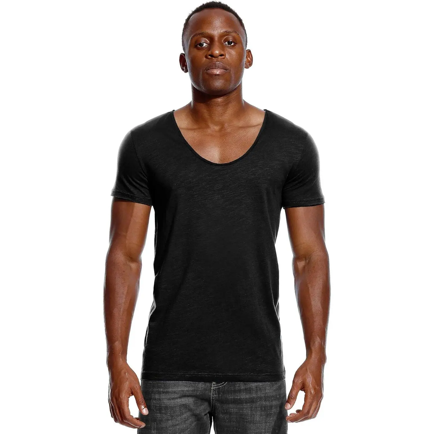 Men's Deep V-Neck Thin Plain Short-Sleeve Streetwear T-Shirt, Low-Cut Invisible Menswear Scoop Top, Casual