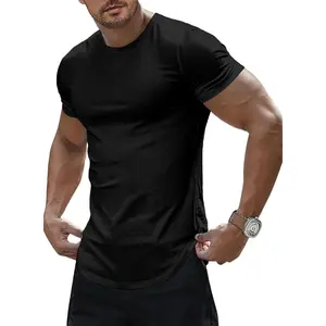 Mens Short Sleeve T Shirt Summer Muscle Slim Fitted Crewneck Longline Tees Shirts for Gym Workout.