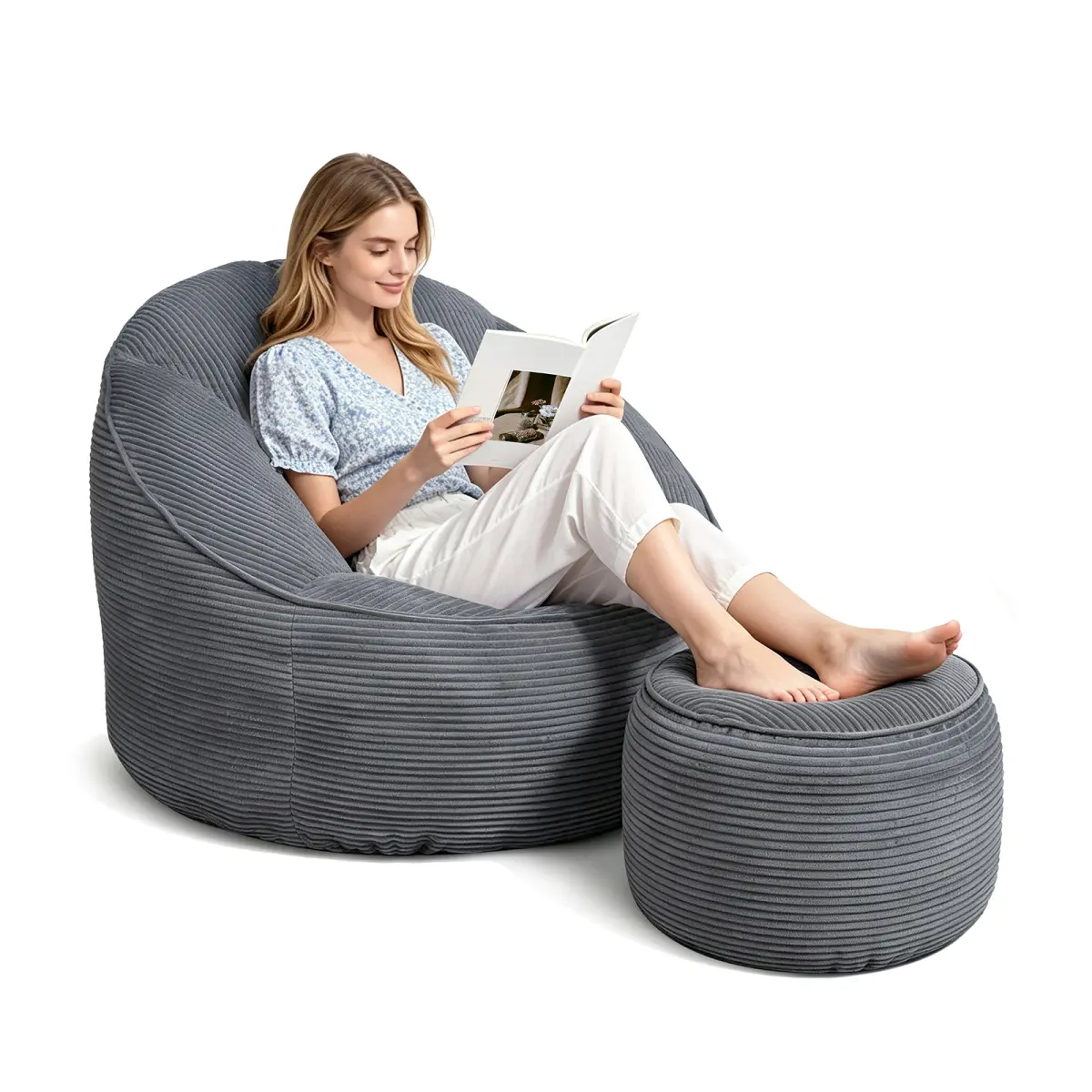 Oversized Beanbag Big Round Lazy Sofa with Ottoman,Accent Chair for Living Room, Bedroom & Dorm, Cozy Fluffy Bean Bag Chair for Adults On-Site