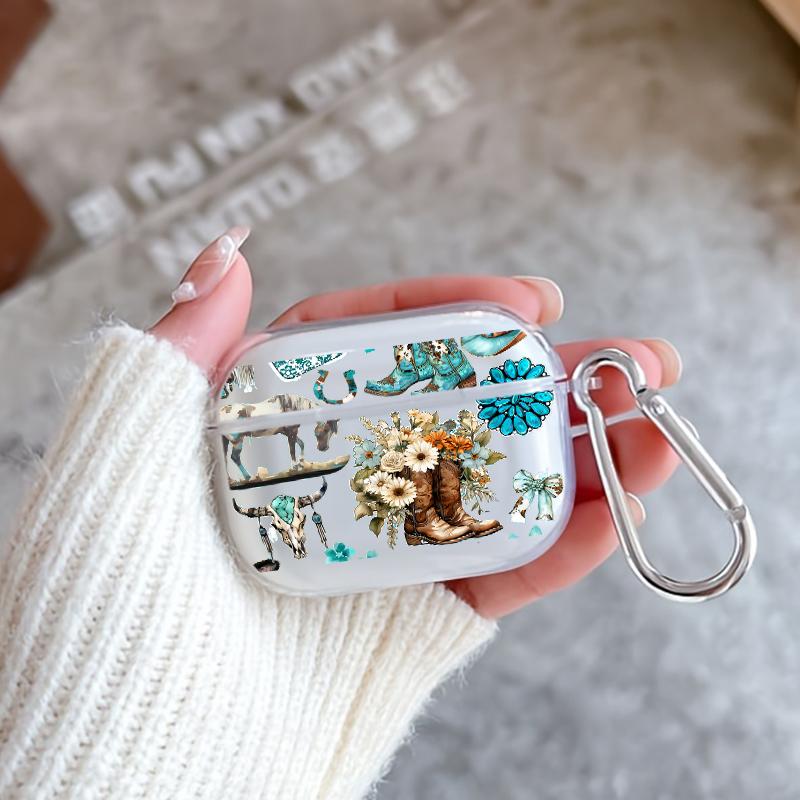Western Charm Collage Pattern TPU Soft Protective Case for Apple AirPods 4/3/2/1/Pro/Pro2 Transparent Earphone Cover with Keychain Attachment