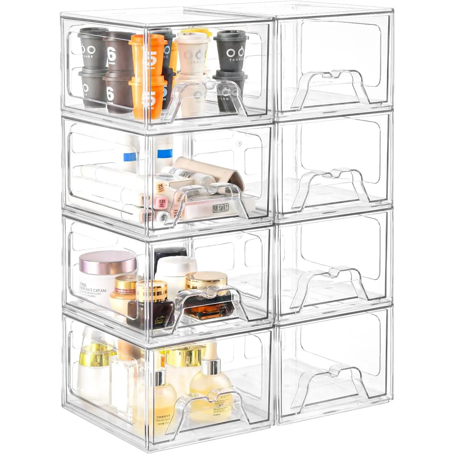 8 Pack Stackable Makeup Organizer, 4.4'' Tall Acrylic Bathroom Makeup Organizer and Storage Drawer with Pull-out Handle, Clear Plastic Storage Bins for Vanity,Pantry,Desk,Undersink,Kitchen