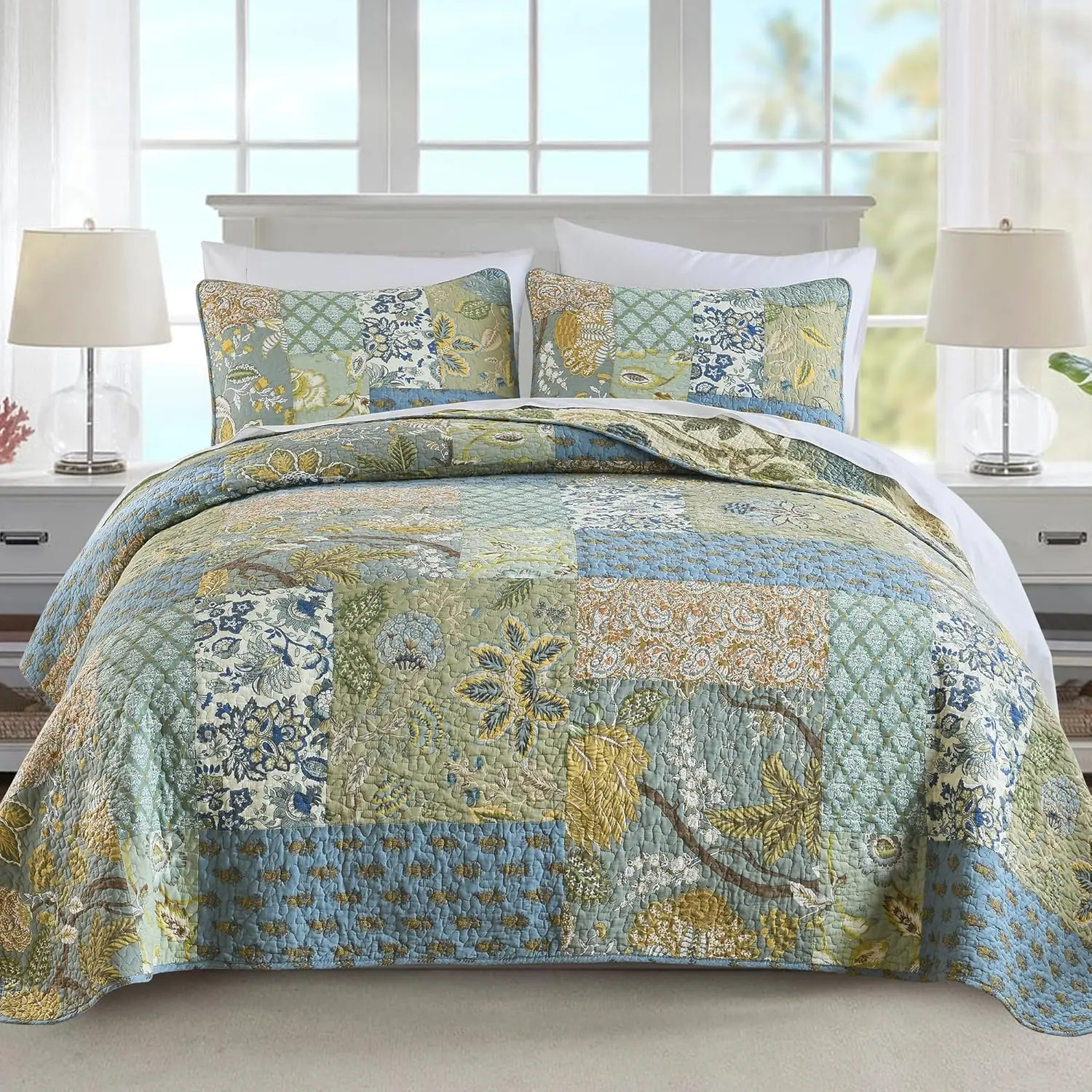 Set Queen Size, 100% Cotton Patchwork Green Bohemian Sets, Reversible Bedspread Lightweight and Breathable for All, Soft Quilted Bedspread with 2 Pillow Shams