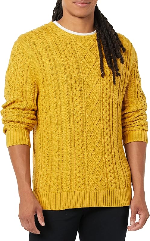 Long-Sleeve 100% Cotton Fisherman Cable Crewneck Sweater Tops Knitwear Menswear Beige Plain Yellow vacation outfits houston rodeo outfits streetwear vacation outfits patchwork hoodie spider hoodies long sleeve tops spider hoodies