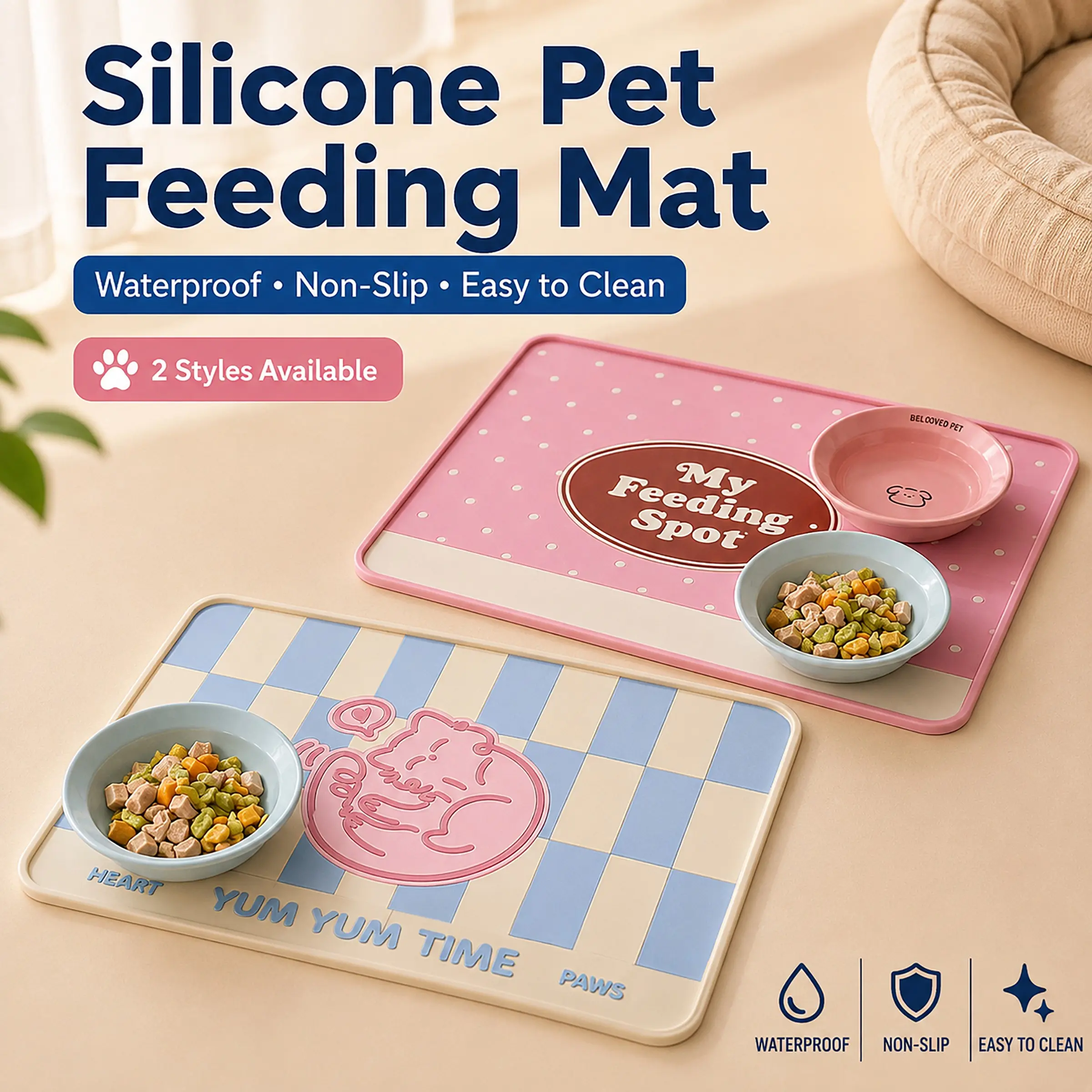 Silicone Pet Feeding Mat, Waterproof Non Slip Pet Food and Water Bowl Mat with Raised Edge, Foldable Easy Clean Mat for Cats and Dogs, 15.7x11.8Inches (30x40cm)