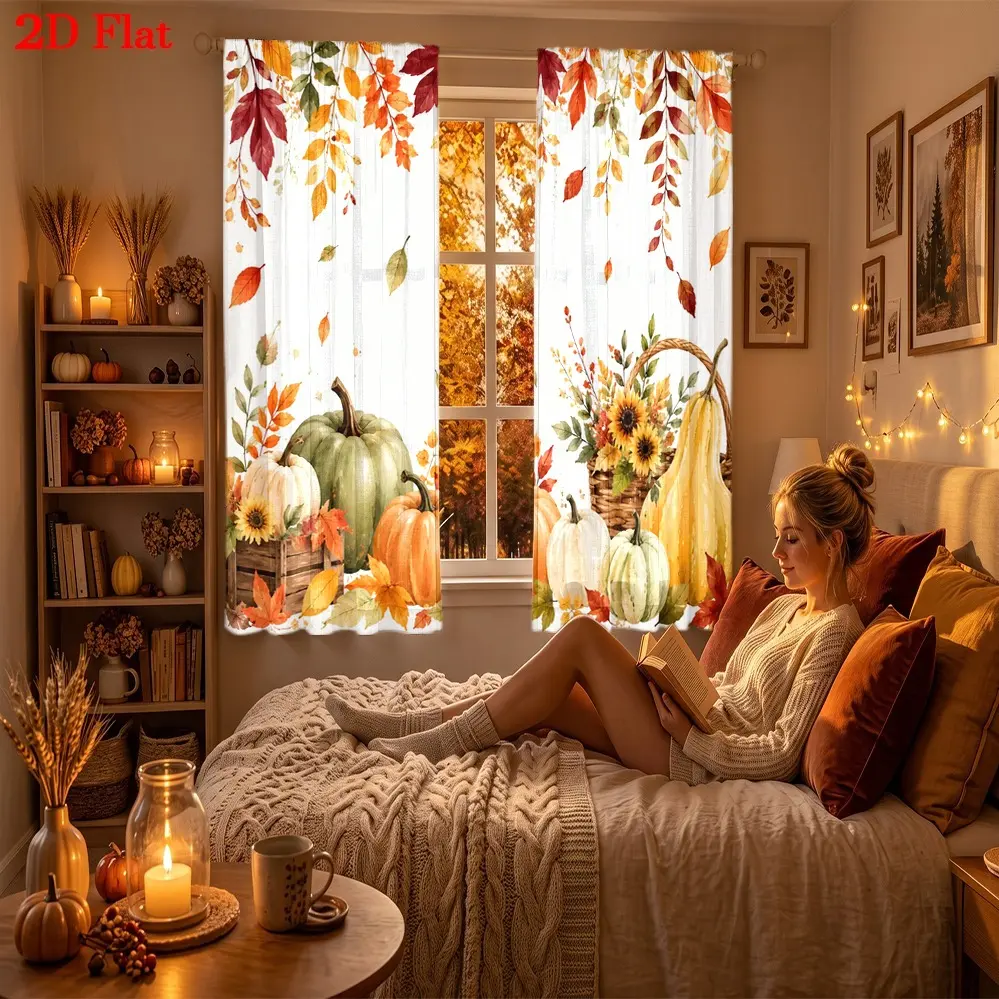2D Flat 2Pcs Autumn Harvest Curtains with Pumpkins Sunflowers Leaves Pattern, Fall Home Decor, Vivid Printing, Rustic Farmhouse Style, All-Season for Living Room Bedroom Dining Kitchen
