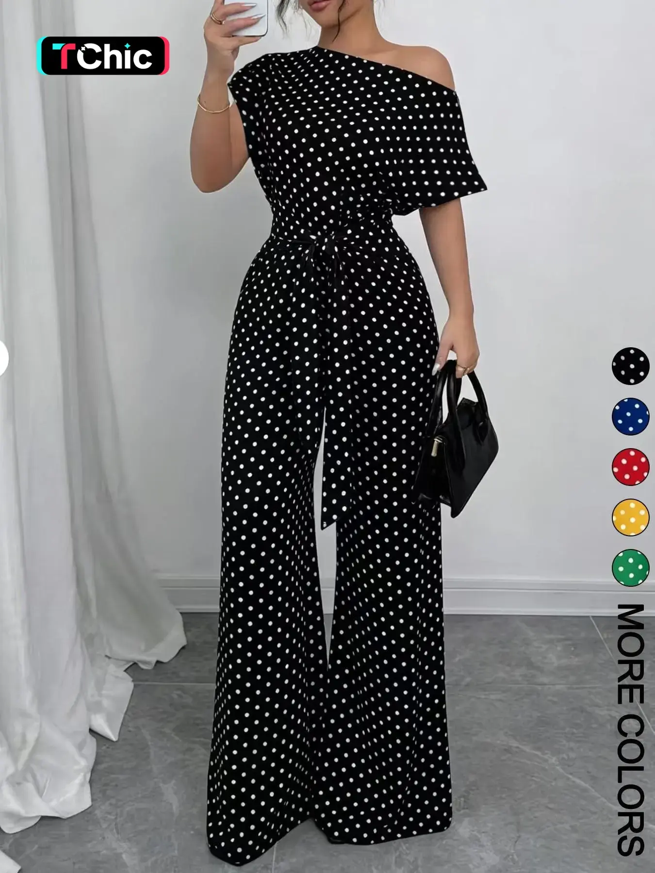 Women's Polka Dot Print Wide-Leg Jumpsuit, Chic Asymmetrical Neckline Short Sleeves Jumpsuit with Waist Tie Belt, Smooth Drapey Woven Fabric, Ideal for Office Commute, Party Wear, Breathable Non-Wrinkle Fabric, Retro Style, Casual, Womenswear