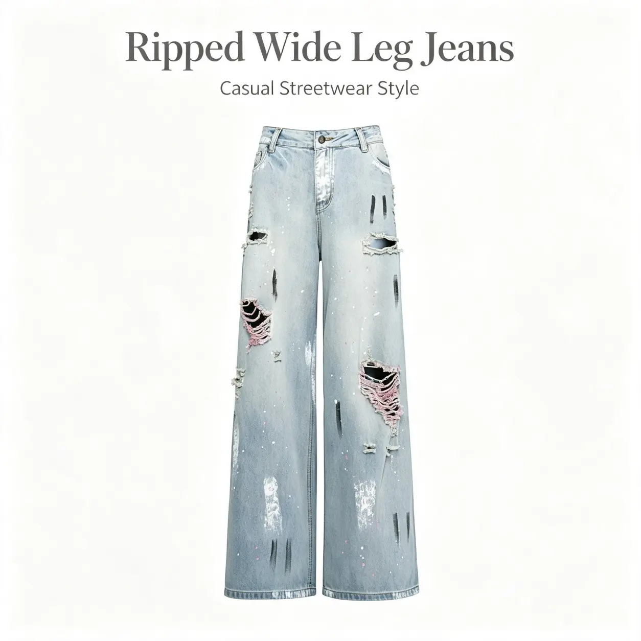 Women's High Waist Ripped Splash Paint Wide Leg Jeans, Vintage Washed Distressed Street Denim Pants