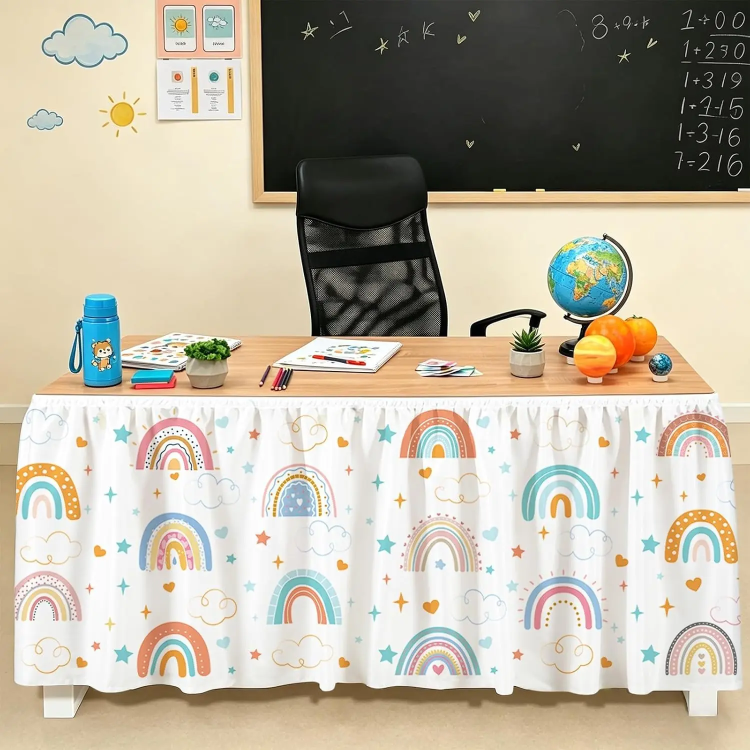 Boho Rainbow Teacher Desk Skirt 9ft x 30 Inch Rectangular Ruffled Tablecloth for Classroom Office Back to School Supplies Bookcase Cabinet Decorations