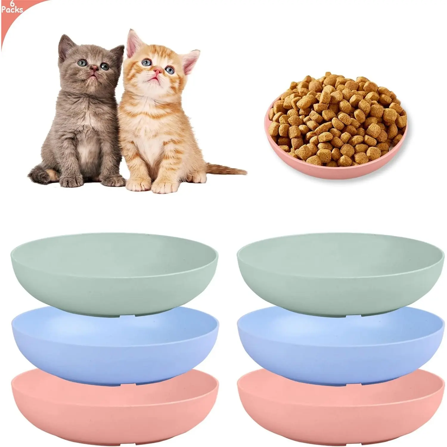 6 Piece Cat Bowls Set, 5.5 Inch Shallow Food Dishes, Wide Feeding Bowls for Kittens and Short-Legged Cats, Pet Accessories, Supplies