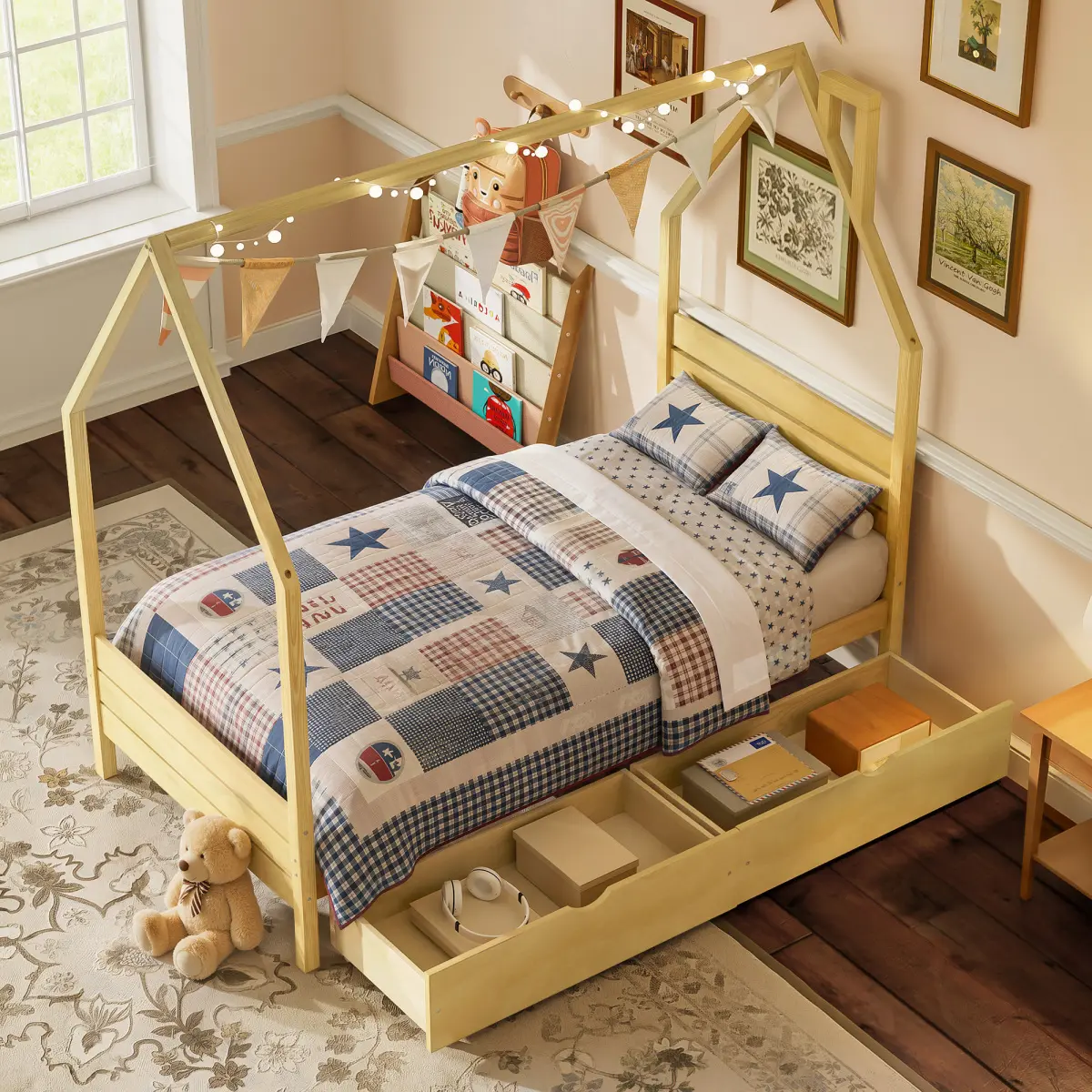 [Bellemave] Twin/Full Montessori Bed Frame with 2 Storage Drawers, Wood House Shape with Headboard for Boys Girls, No Box Spring Needed, Easy Assembly