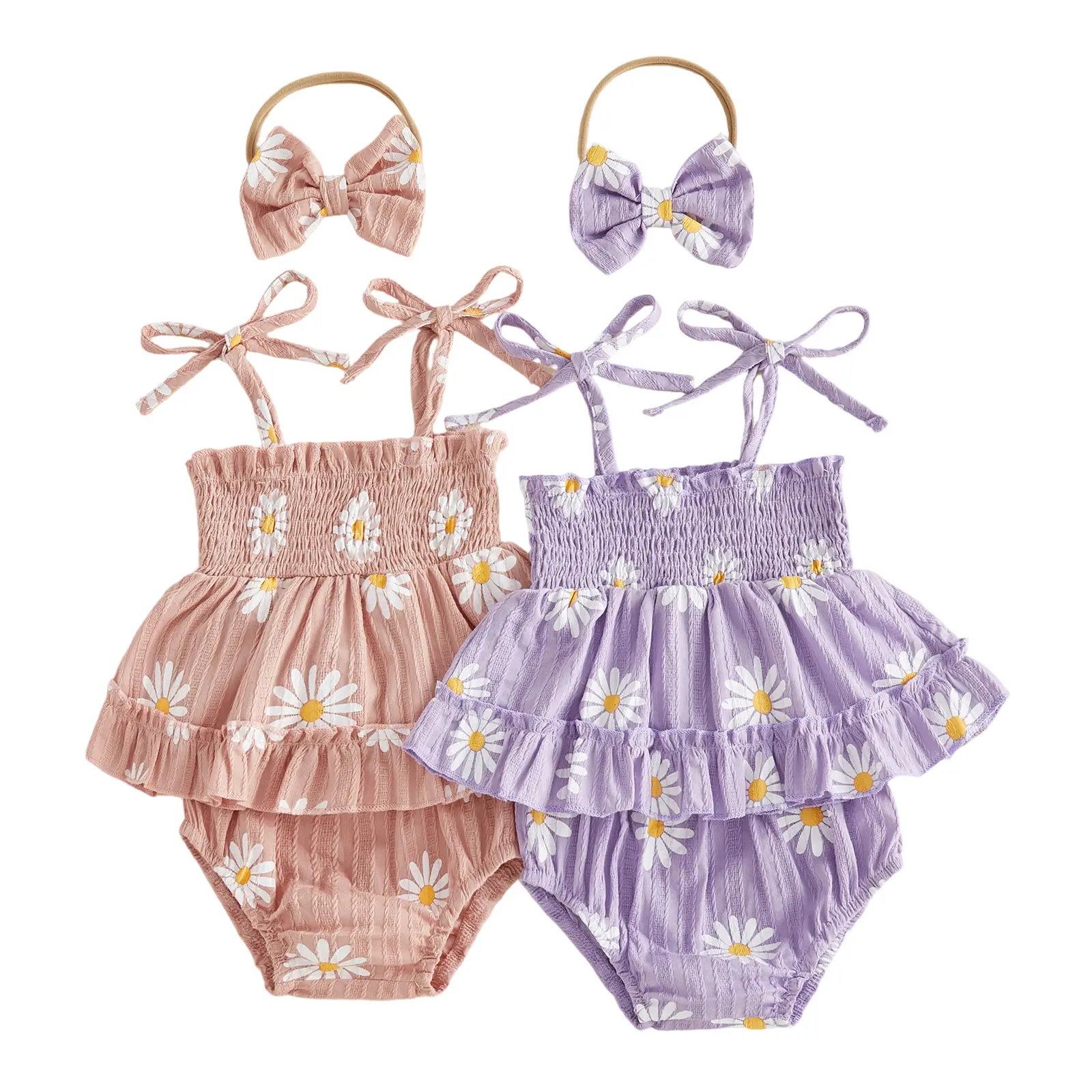 3 Pcs Infant Baby Girl Outfit Sleeveless Daisy Print Smocked Tank Tops Bloomer Shorts and Bow Headband 0-18 Months