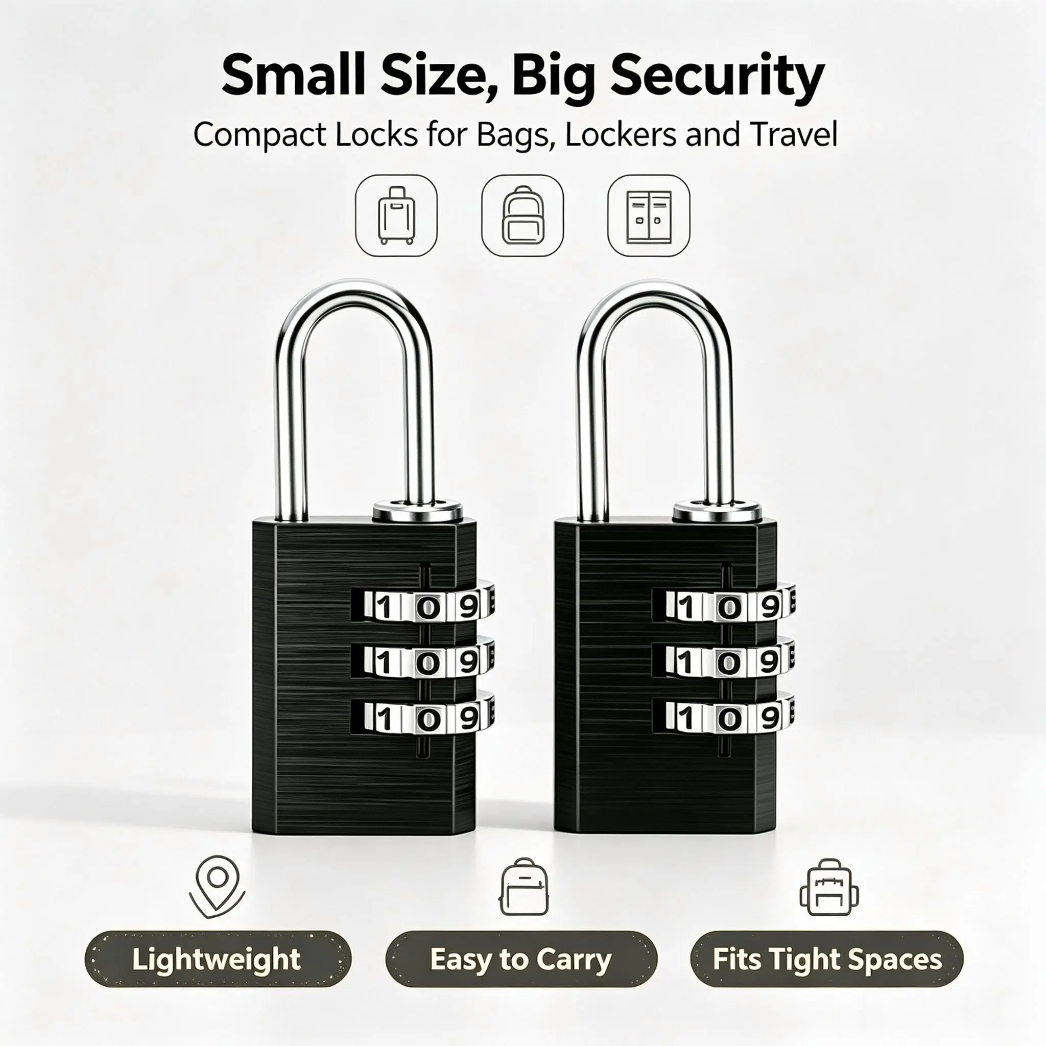 2 Pack 3-Digit Combination Padlock, Small Compact Metal Password Lock for Backpack Locker Travel Suitcase, Lightweight Resettable Code Lock for Gym School Office, Black, Combination Locks