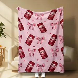 Coquette Dr Pepper Soda Can Fleece Blanket, Heart Print Bow Pattern, Soft Warm Flannel Nap Blanket, Cute Gift for Dr Pepper Lovers