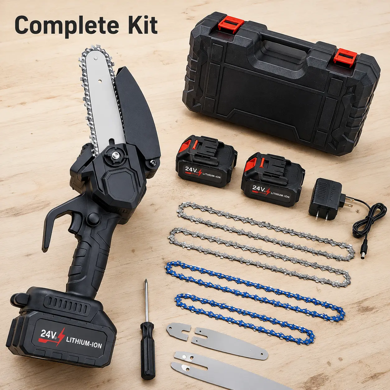 Portable Handheld Mini Cordless Chainsaw Set with 21V Power, Dual Blades, Handheld Grip, 2 Batteries, Full Kit for Outdoor Work, Branch Pruning