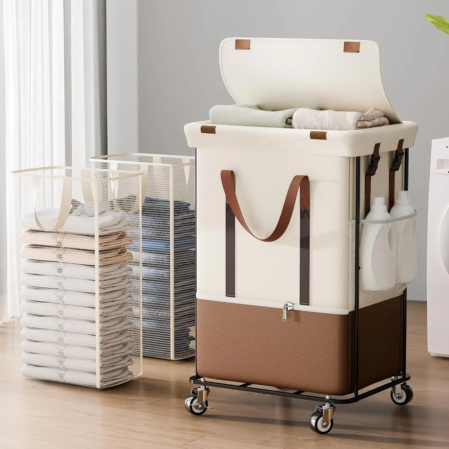 Double Laundry Hamper with Lid, Rolling Laundry Basket with Wheels, 2 Removable 75L Bags, 2 Section Large Capacity, Easy Move & Organize, 150L White
