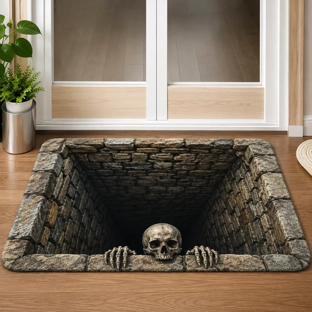 3D Illusion Skull Doormat, Halloween Deep Hole Optical Illusion Flannel Floor Mat, Funny Non Slip Front Door Rug, Spooky Novelty Home Decor Carpet for Entryway Bedroom Bathroom Indoor Outdoor, 16×24in / 20×31in / 24×36in