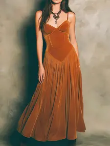 Women's Vintage Fashion Sexy Basque Waist V-Neck Velvet Long Dress, Thin Straps, Summer Party and Vacation, Stylish and Comfortable