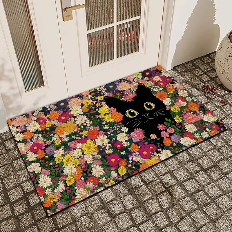1pc Flower Cat Printed Door Mat Flax Surface Diatomaceous Earth Non-Slip Water-Absorbing Entrance Door Mat Indoor Outdoor Printed Bath Room Holiday Home Decor Floral Outdoor Mat Entryway Floor Mat Decorative Rug Foyer Rugs For Entryway