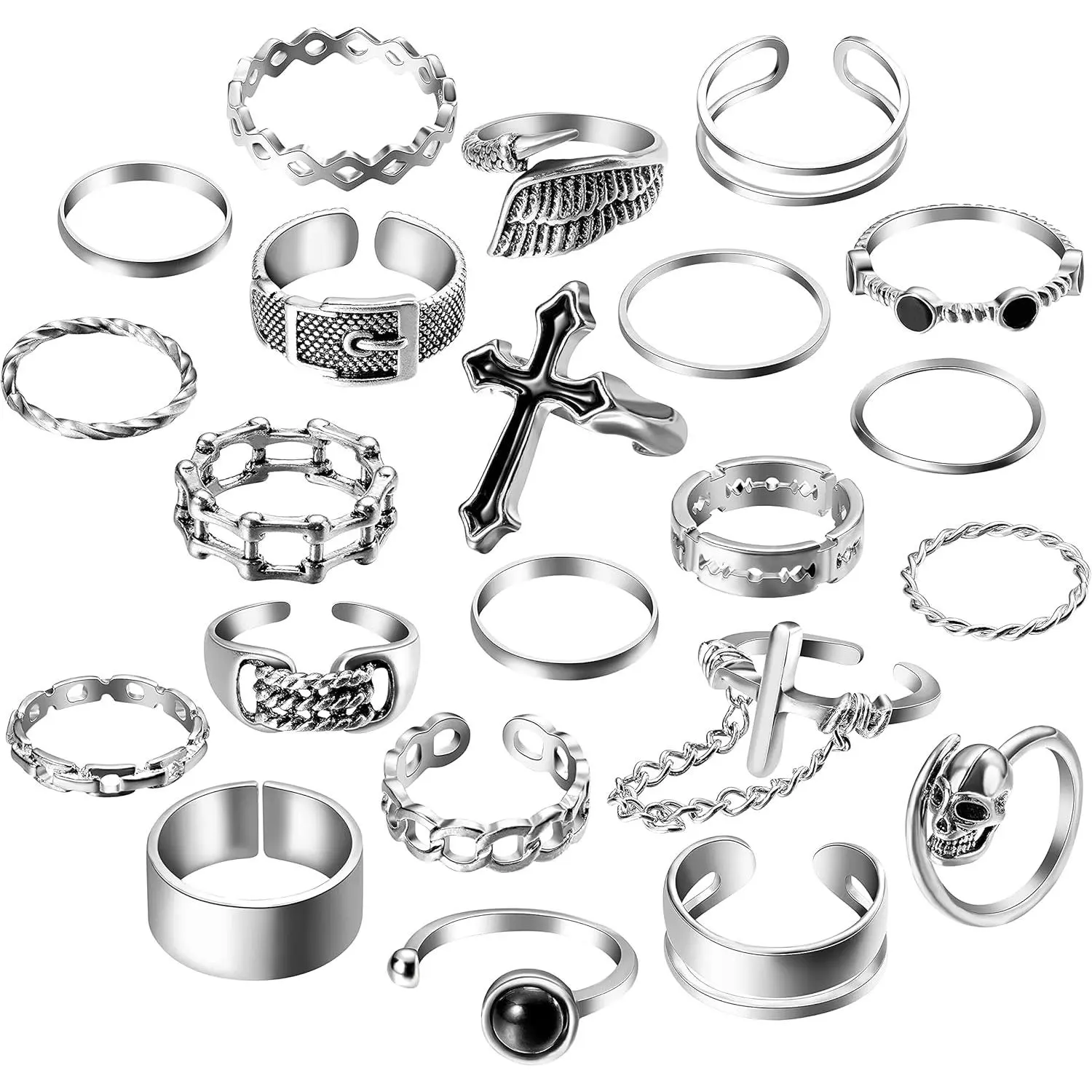 Vintage Punk Rings Set Gothic Knuckle Midi Rings Adjustable Alloy Chain Belt Cross Stackable Finger Half Open Rings Fashion Joint Jewelry for Women Men (Silver) 22Pcs