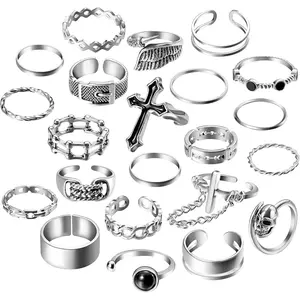 Vintage Punk Rings Set Gothic Knuckle Midi Rings Adjustable Alloy Chain Belt Cross Stackable Finger Half Open Rings Fashion Joint Jewelry for Women Men (Silver) 22Pcs