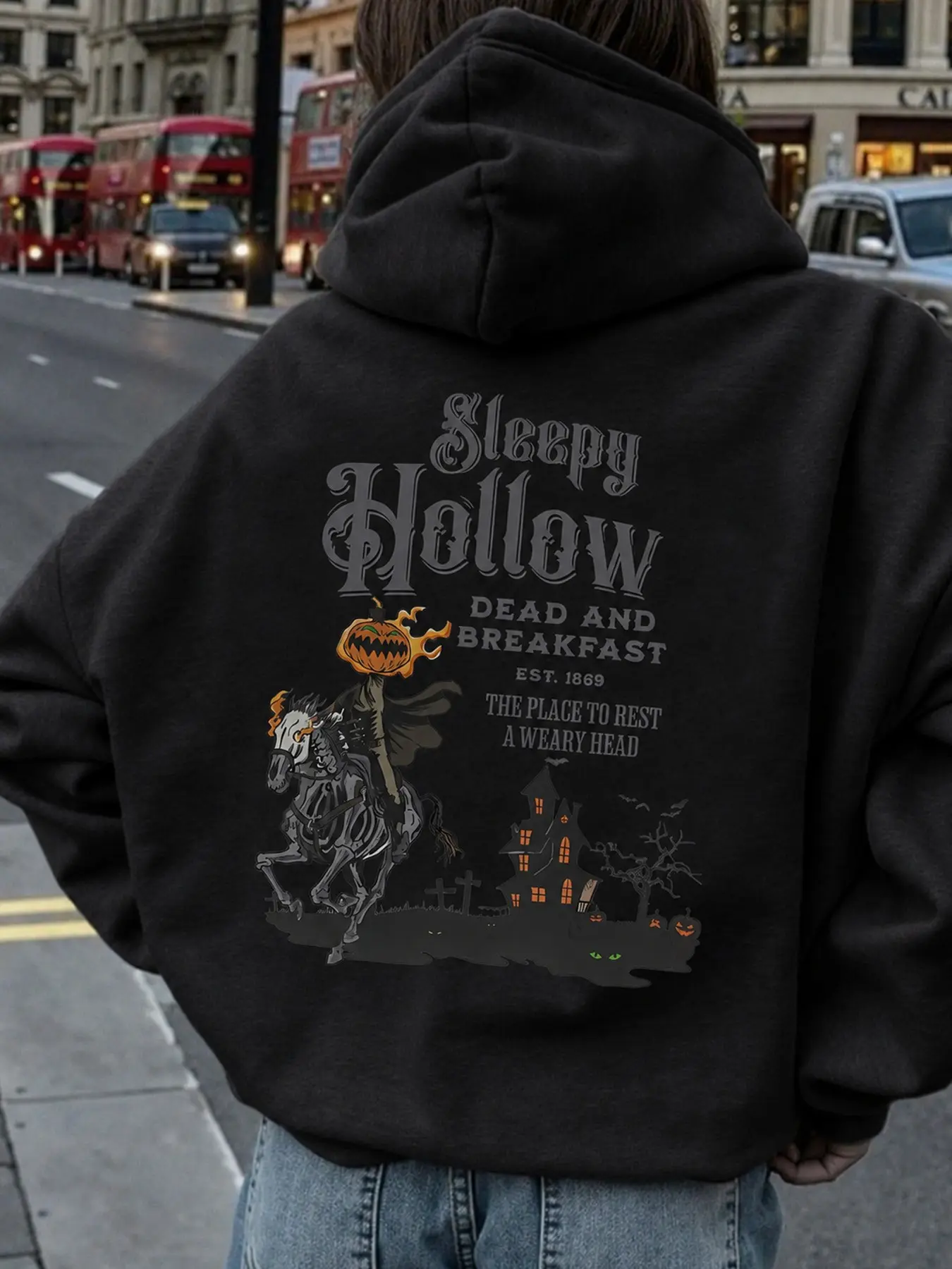 Unisex Gray Halloween Graphic Hoodie, Sleepy Hollow Pumpkin Horseman Back Print, Oversized Pullover Sweatshirt, Casual Streetwear for Fall and Winter#HalloweenHoodie #SleepyHollow #PumpkinHorseman #GraphicHoodie#BackPrintHoodie #GrayHoodie #UnisexHoodie