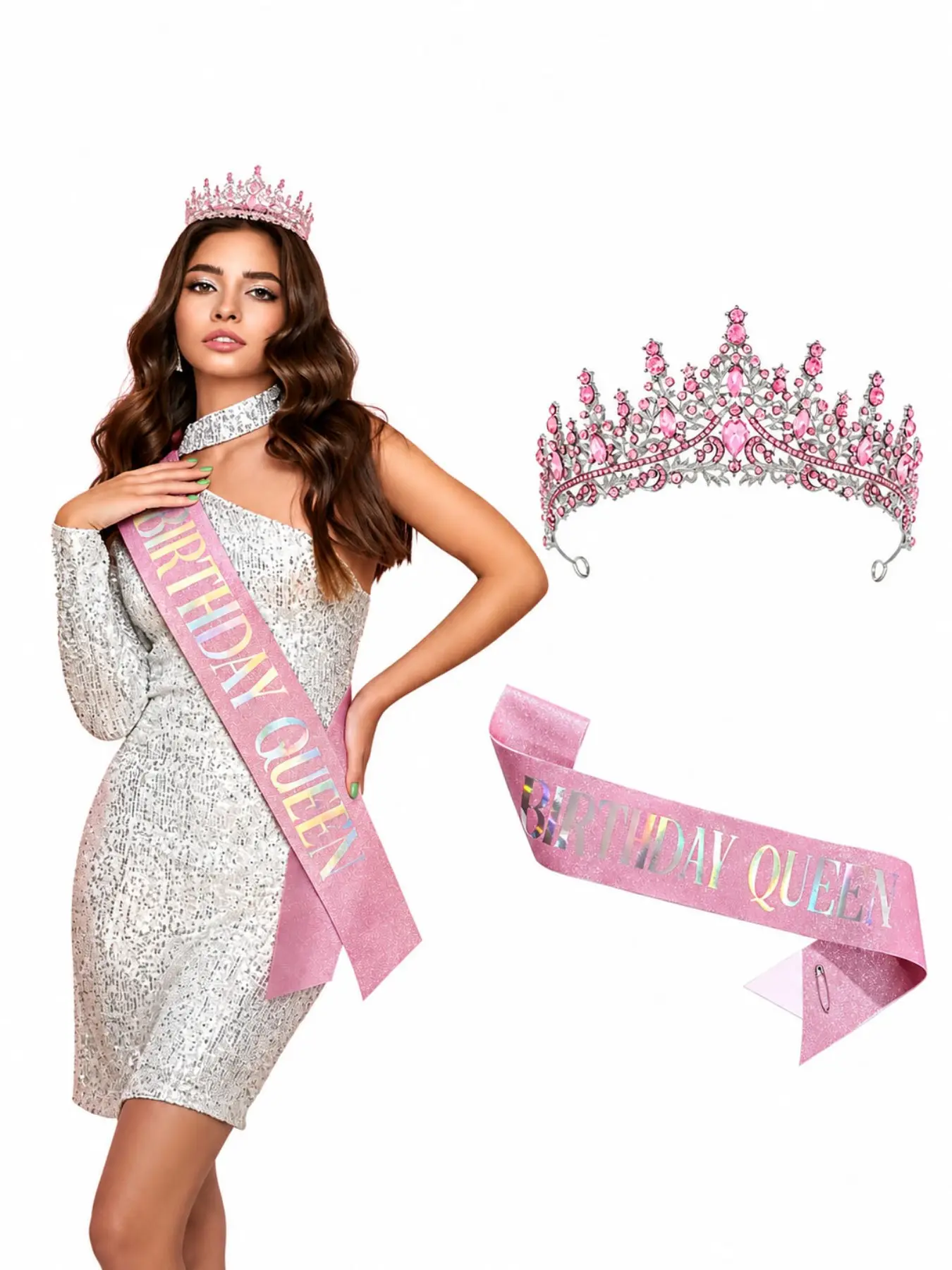 2 Piece Birthday Queen Crown Ribbon Set, Birthday Crowns, Crystal Rhinestone Crown Party Accessories, Perfect Gift for Mom and Girlfriend