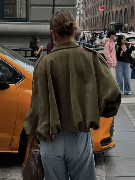 Women's Vintage Suede Collared Bomber Jacket Loose Batwing Sleeve Zip-Up Outerwear Soft Warm Fabric For Autumn Winter Daily Casual Wear