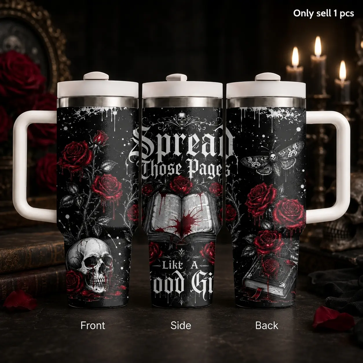 Black Gothic Rose Skull Book Vacuum Flasks 40oz Stainless Steel Insulated Drinkware Tumbler with Handle & Straw Leakproof Travel Mug