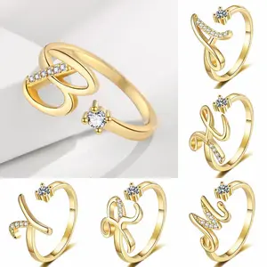 Shiny Crystal Initial A-Z Letter Rings For Girl Adjustable Opening Metal Copper Wedding Alphabet Knuckle Ring Jewelry Gift
