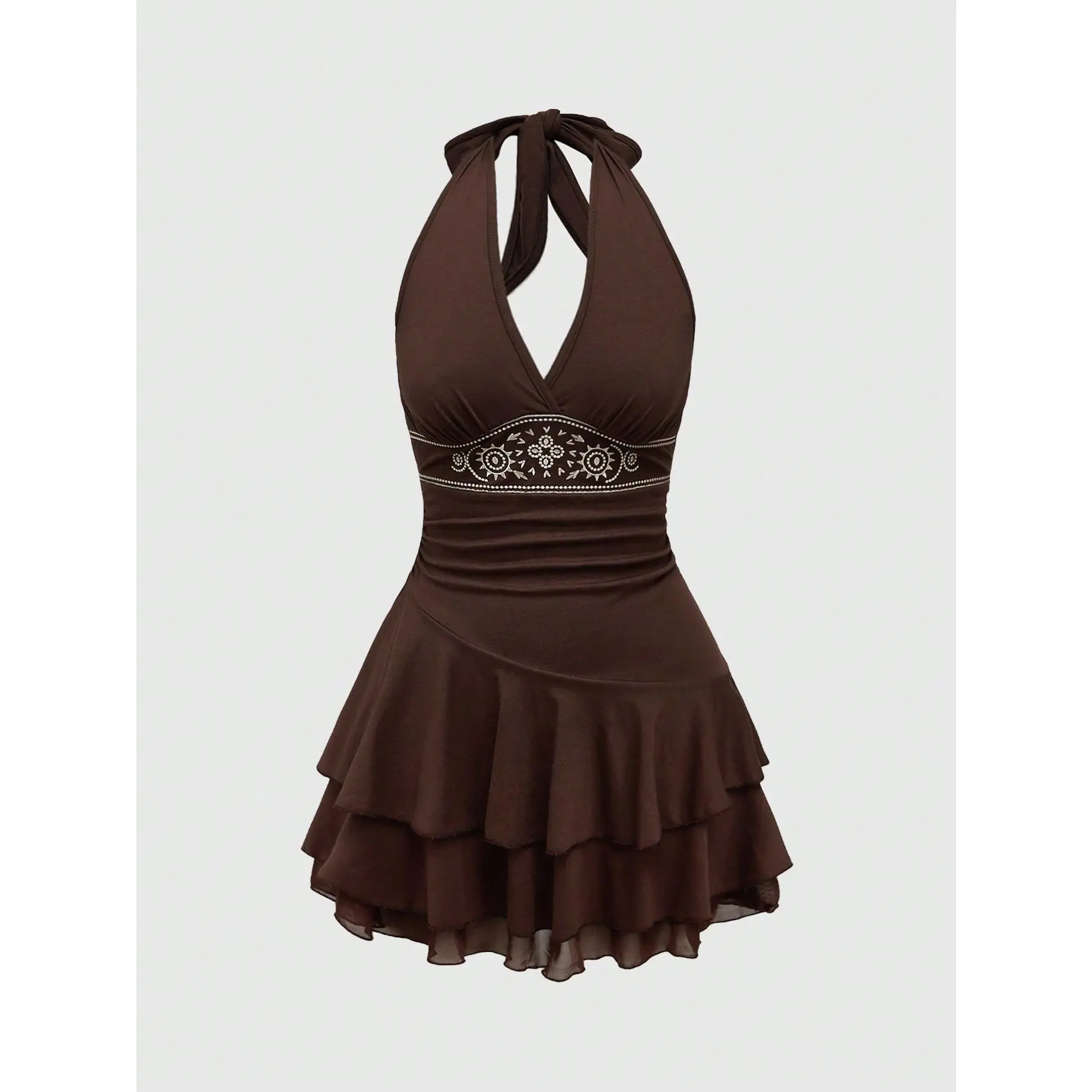 Plus Size Halter Mini Dress Ruched Ruffle Y2K Hippie Dress Western Outfits Boho Dresses