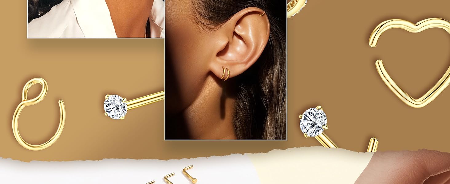 Hypoallergenic Stainless Steel Nose Rings Hoops, Rhinestone Design, Plain Pattern, 18g & 20g Sizes, Unisex Piercing Jewelry, 20pcs Set, Body Jewelry