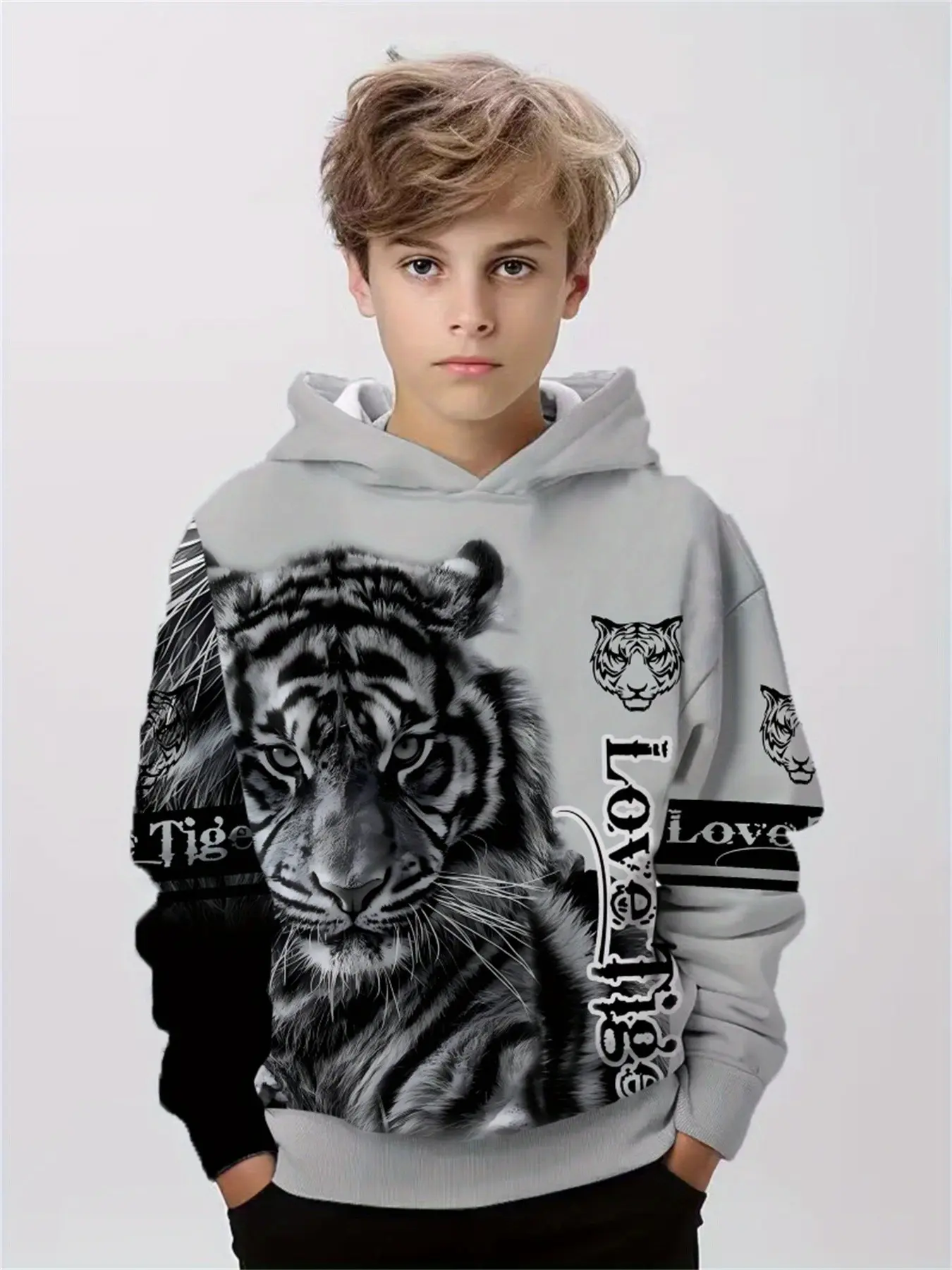 Tiger Print Hooded Pullover Hoodie for Boys, Casual Loose-Fit Long Sleeve Top, Trendy Fall & Winter Kids Outerwear